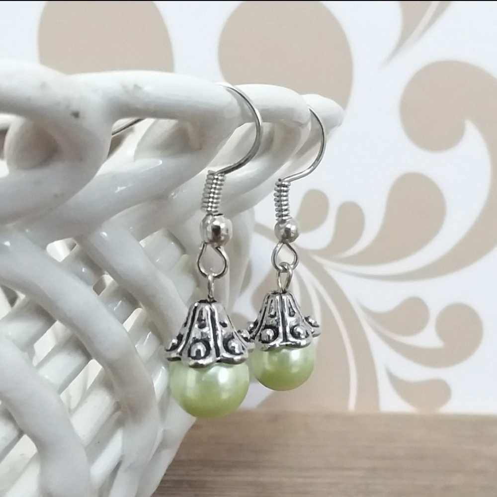 Green Pearl Silver Tone Hook Earrings